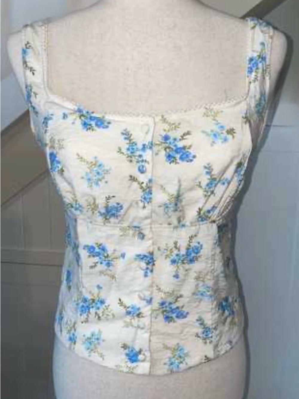 Kirious LA Blue Floral Corset Bustier Ruched Button-Front Crop Top L Cottagecore